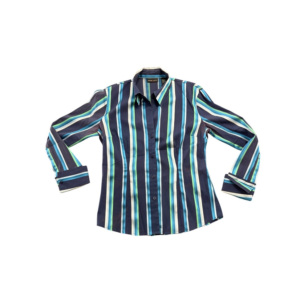 New York & Company Striped Button Up Shirt Womens Small S Blue Green Stretch